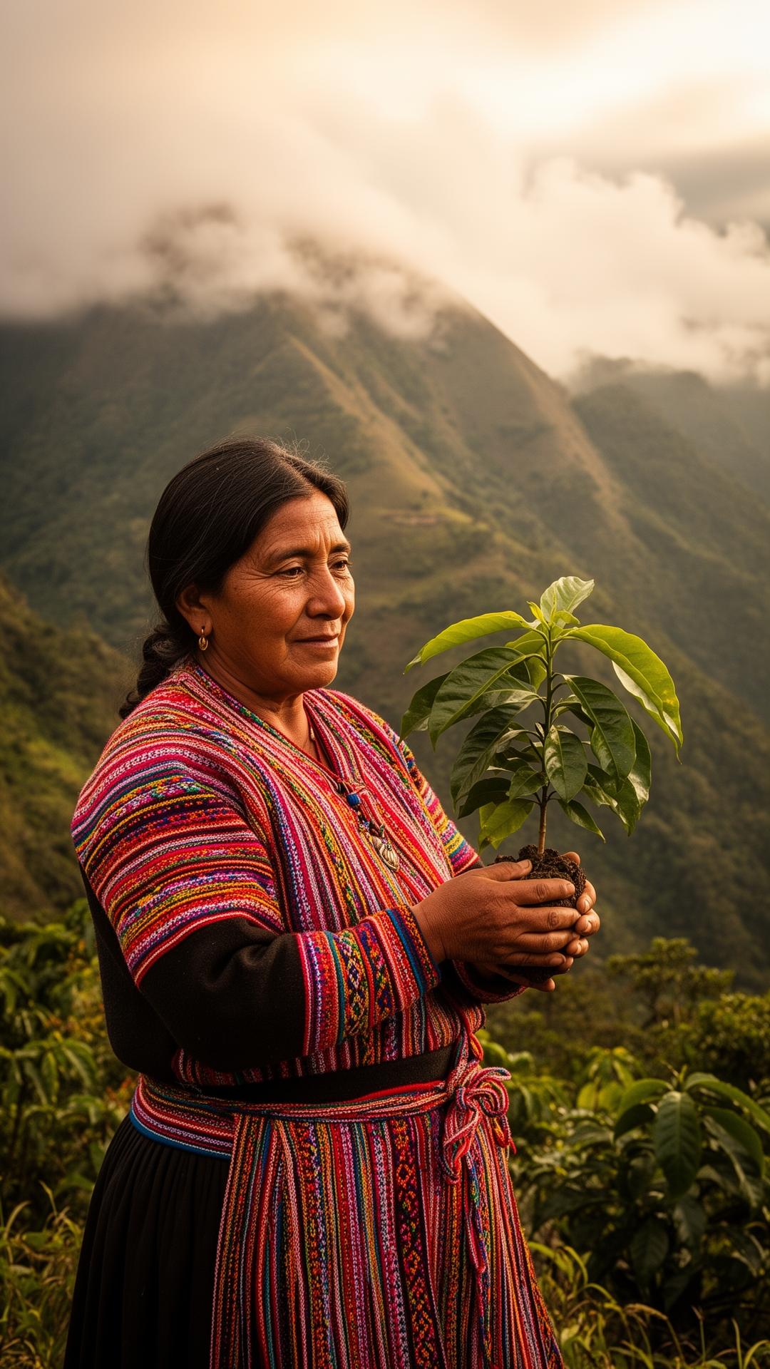 Bolivian farmer holding a coffee plant